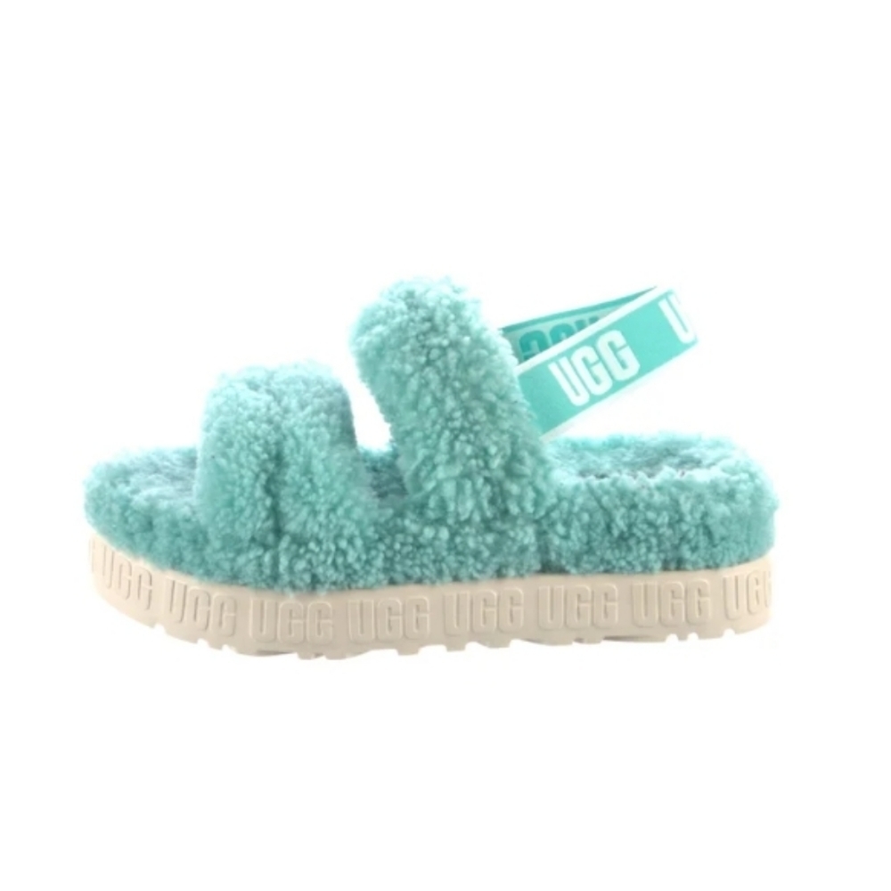 UGG Teal Shearling Graphic Print Slingback Sandals